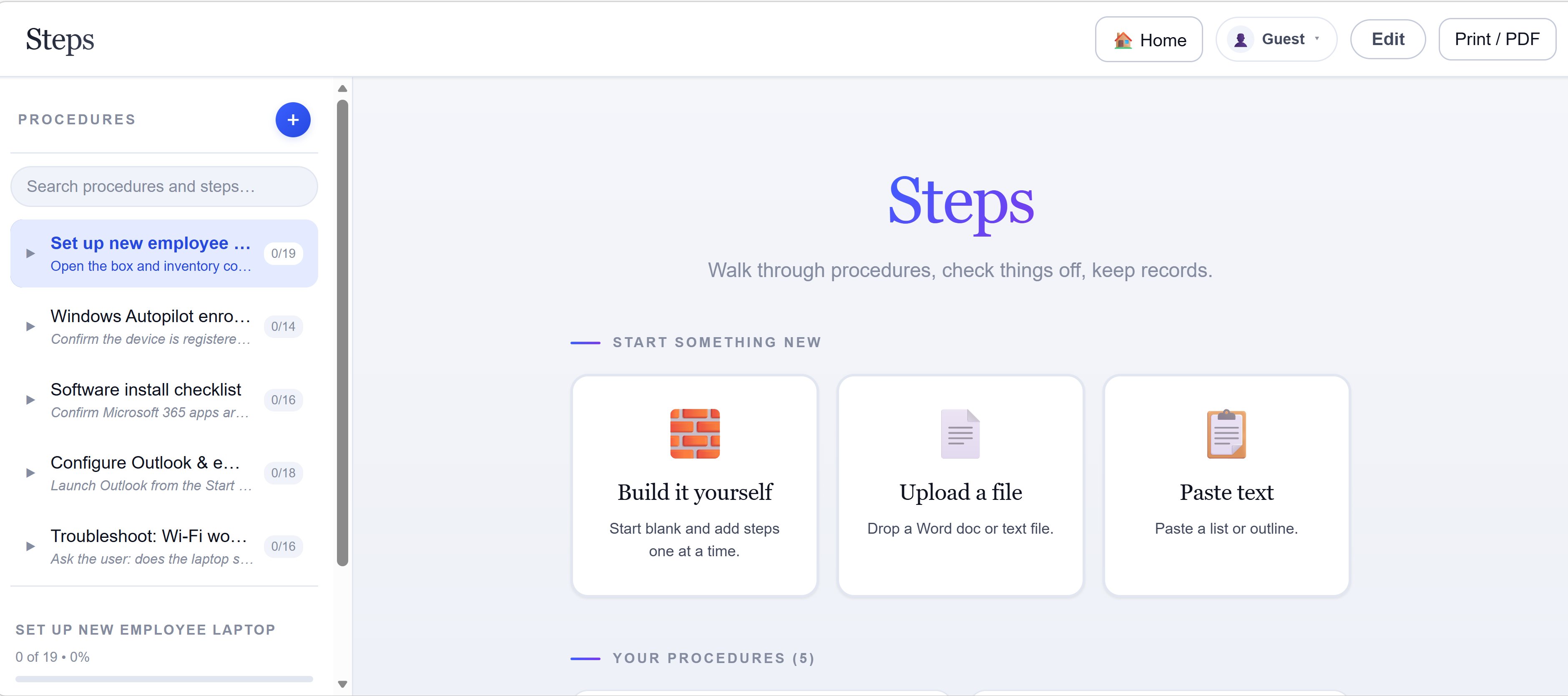 The Steps home view showing a procedure library in the sidebar and the welcome screen with three creation options.