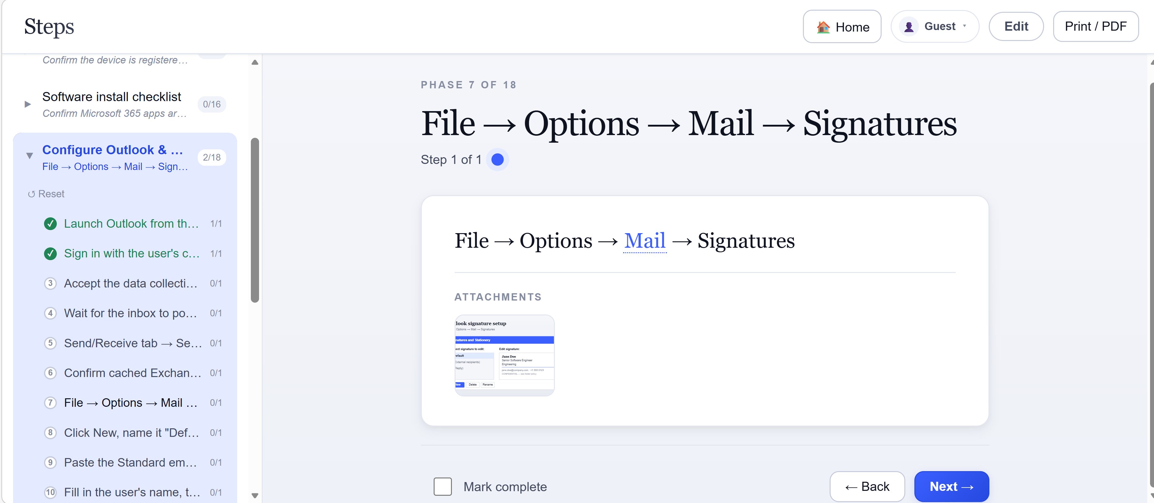 A sub-procedure window showing the File → Options → Mail → Signatures step with an attached screenshot of the Outlook signature dialog.